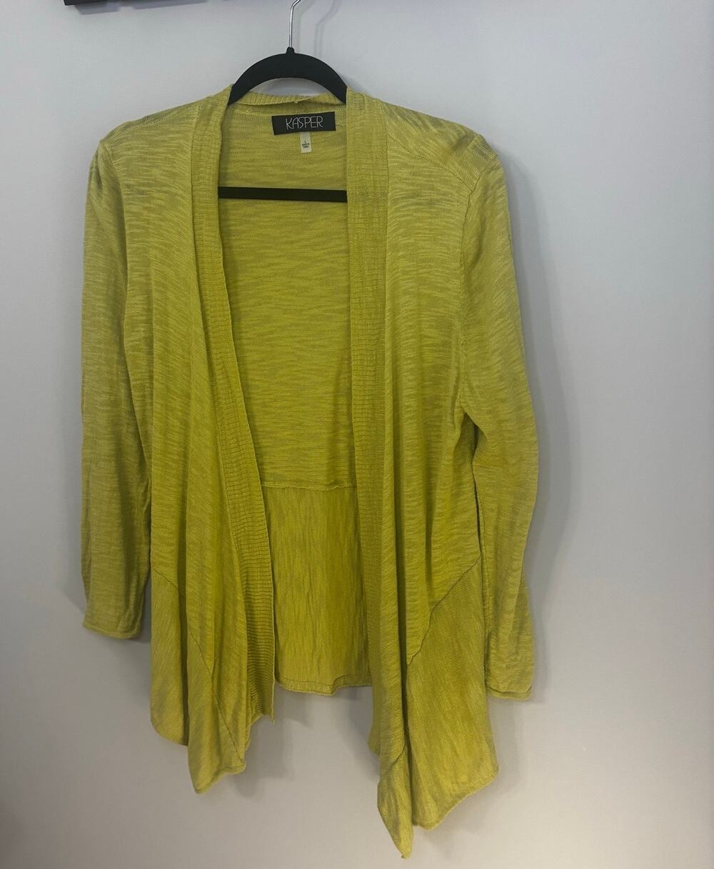 Kasper waterfall style open front cardigan, brightly colored chartreuse green L